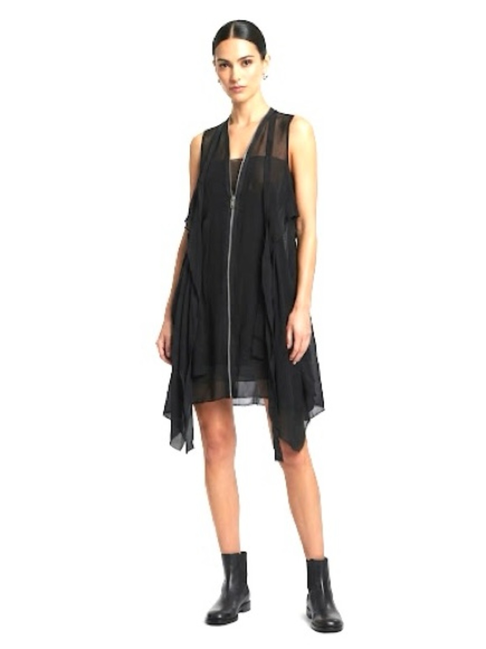 All Saints Black Sheer Zip-Front Layered silk Mini Dress M